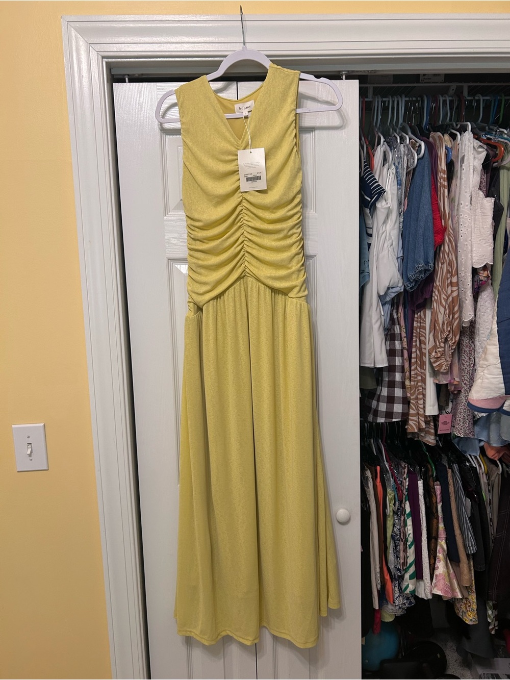 bohme Sleeveless Lemon Yellow Ruched Waist Maxi Dress